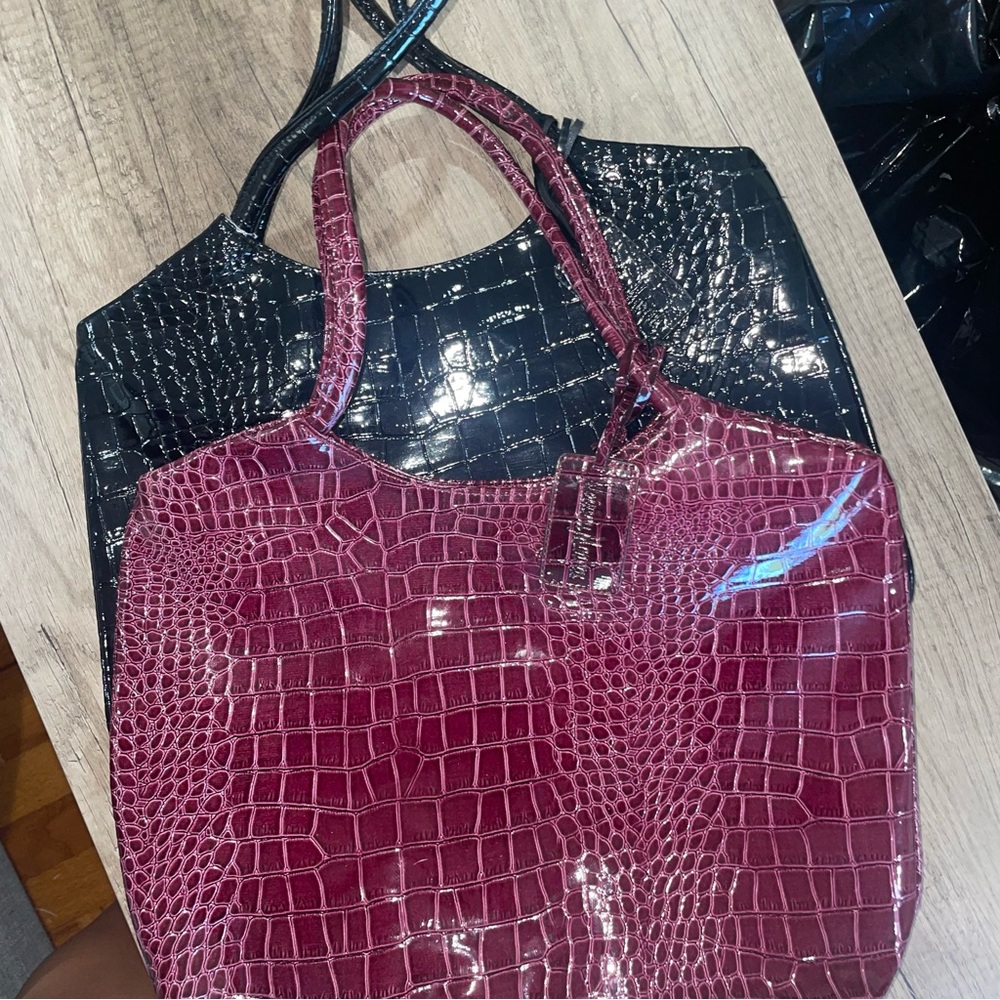 Neiman Marcus Black and Pink Tote Bag with Croc-Embossed Design